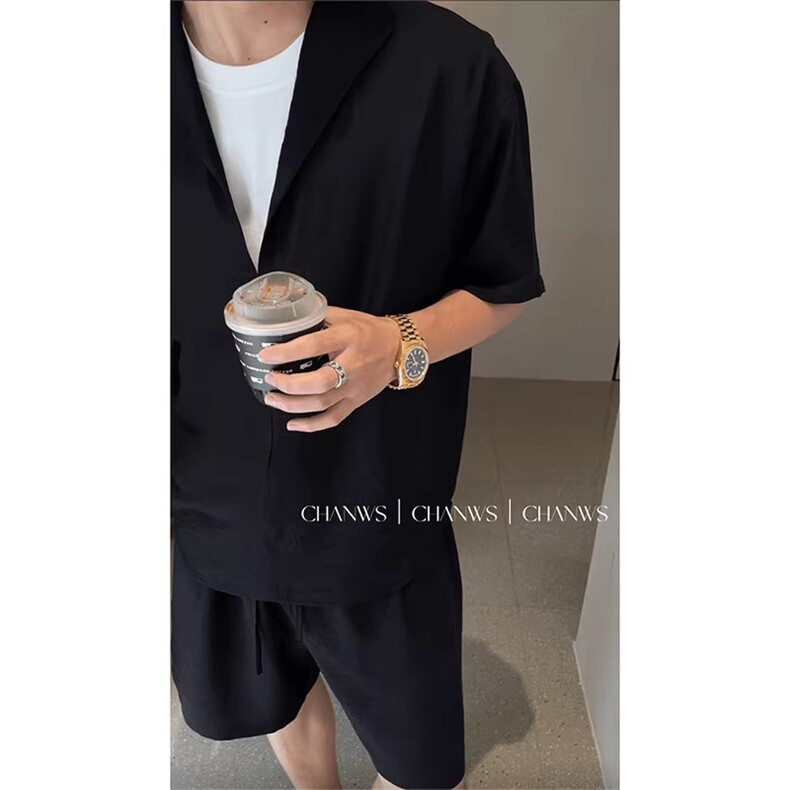 TZ555-P40假两件拼接V领短袖衬衫休闲套装老钱风穿搭垂感五分短裤，男装牛仔裤，星座1811B