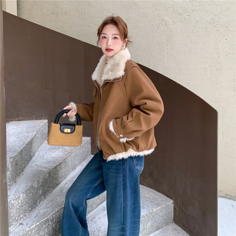 韩版宽松加厚保暖羊羔毛派克服女冬季短款PU皮复古休闲外套,女装棉衣/棉服,维壹