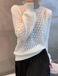 圆领长袖镂空金丝全羊毛套头毛衣 新款慵懒宽松针织打底衫全羊毛，女装针织衫/毛衣，纳影