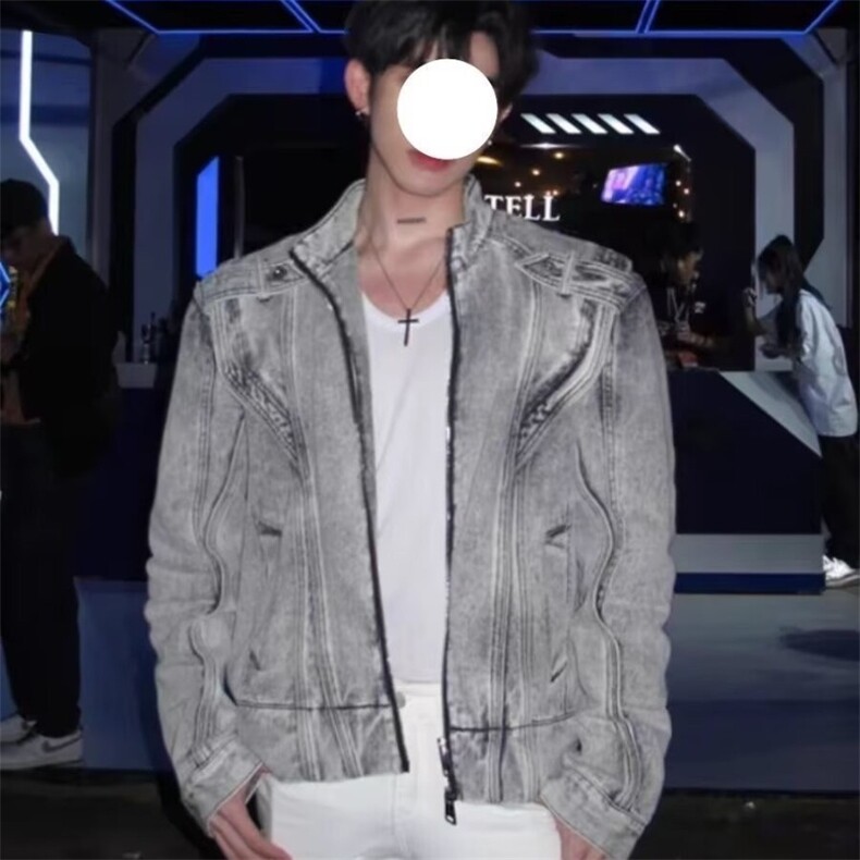 拼接短款牛仔外套男士时尚水洗做旧立领廓形上衣夹克XJK8856,男装工装外套,星座208-5