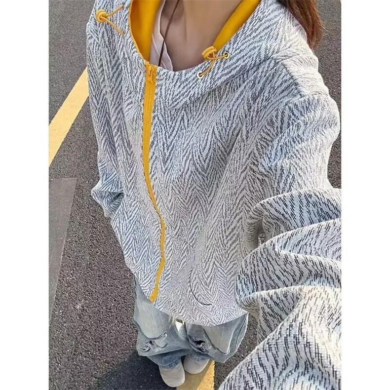 HJ126-P66美式复古小香风条纹连帽卫衣男女秋季cleanfit慵懒,男装卫衣,电商B323A