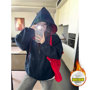 480G重磅加绒硬挺boxy男女秋冬美式高街双层撞色连帽卫衣开衫外套图片