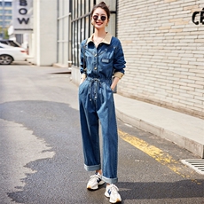 烈儿【游艇连体裤】高棉三压线波浪分割牛仔连体裤R104，女装连体裤，天丽