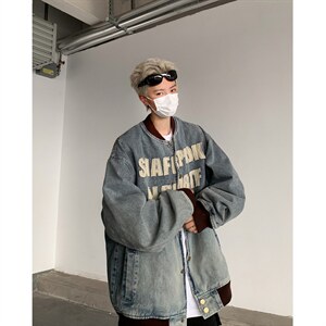 秋季新款港风日系复古字母全刺绣立领牛仔夹克外套男 JK1385-P78图片