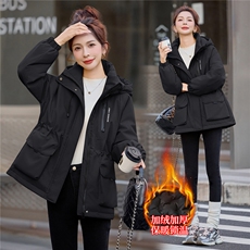 2025年冬季时尚休闲加绒加厚宽松连帽中长款棉衣，女装棉衣/棉服，依恋蒂丝