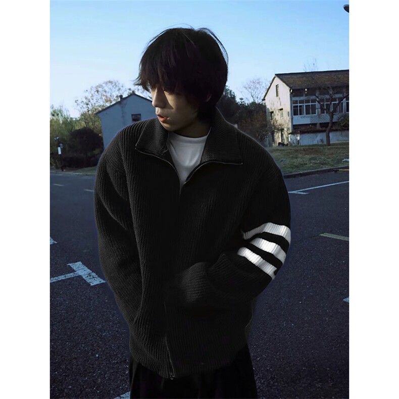 重磅秋冬北极绒开衫毛衣美式复古休闲慵懒风男女立领针织衫外套，男装针织衫/毛衣，电商A486