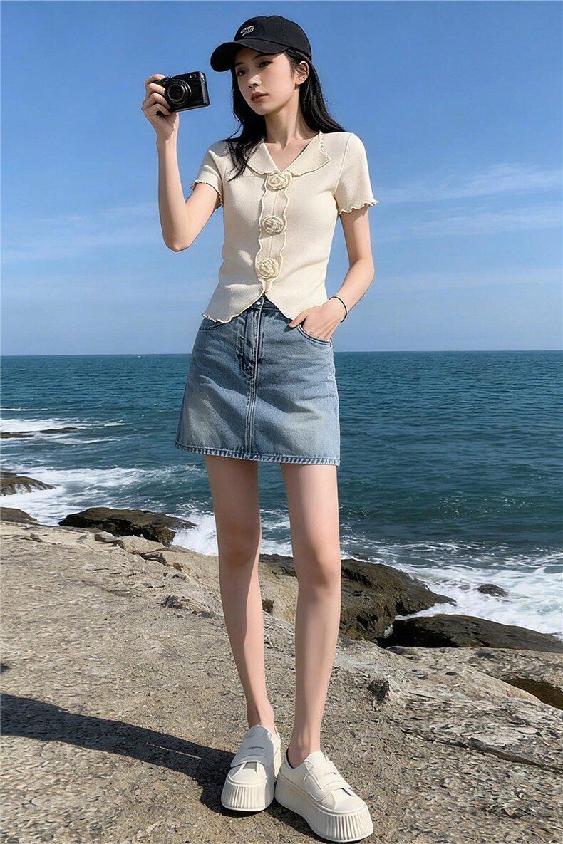 高级感时尚减龄套装女夏V领立体花朵短袖上衣蓝色牛仔短裙两件套,女装套装/套裙,江南