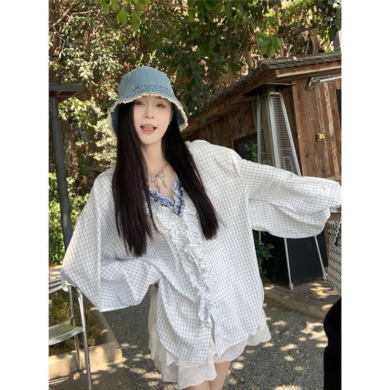 D726-P55法式层叠木耳边领格子衬衫春夏设计感独特绝美长袖上衣,男装衬衫,星座911