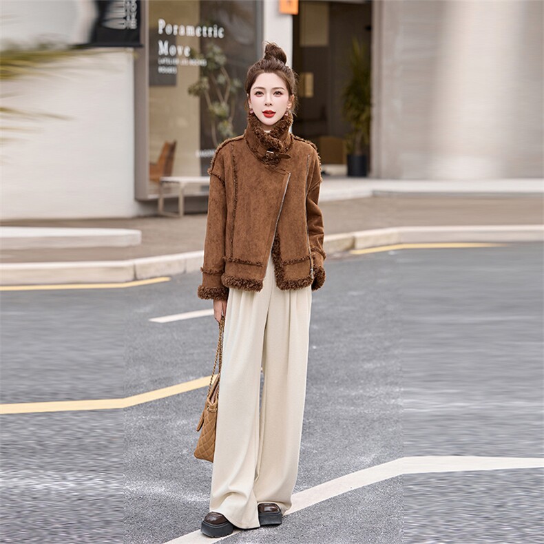 皮毛一体羊羔毛外套女2024冬新款小个子加厚保暖鹿皮绒机车服棉服,女装棉衣/棉服,自然秀