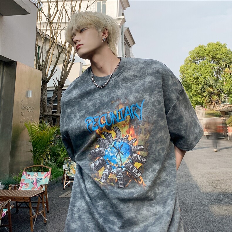2024新款美式复古做旧短袖数码印花青少年上衣JK23274-p45-控58,男装T恤,星座605(原A050)