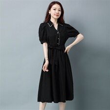 板酷2026夏装新款时尚短袖串珠装饰大摆中长款纯色连衣裙B633,女装连衣裙,板酷