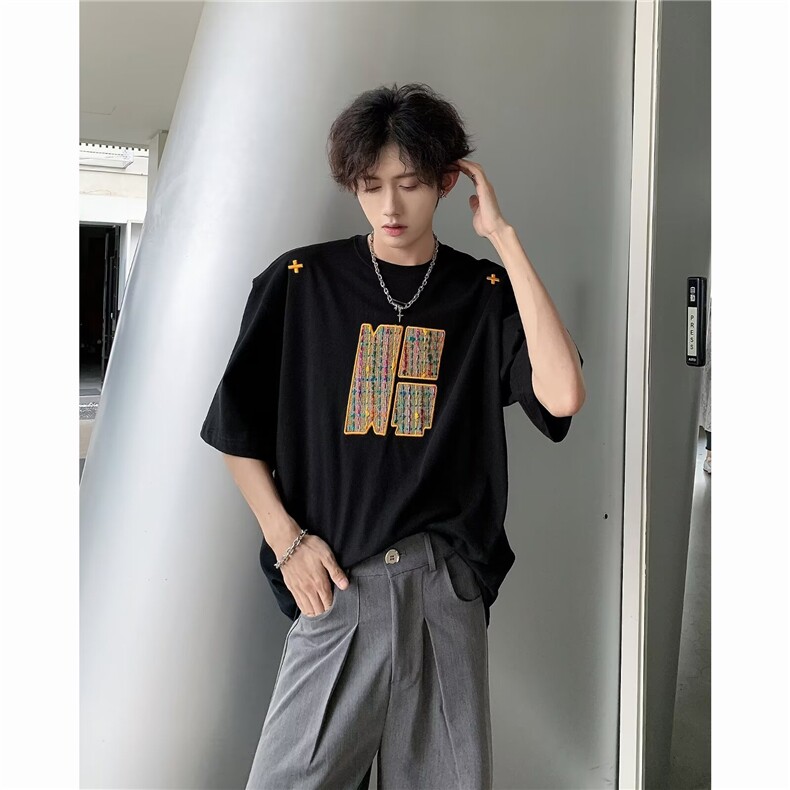 新款潮牌美式短袖T恤男复古宽松编制刺绣t恤男女情侣 T547-P38图片