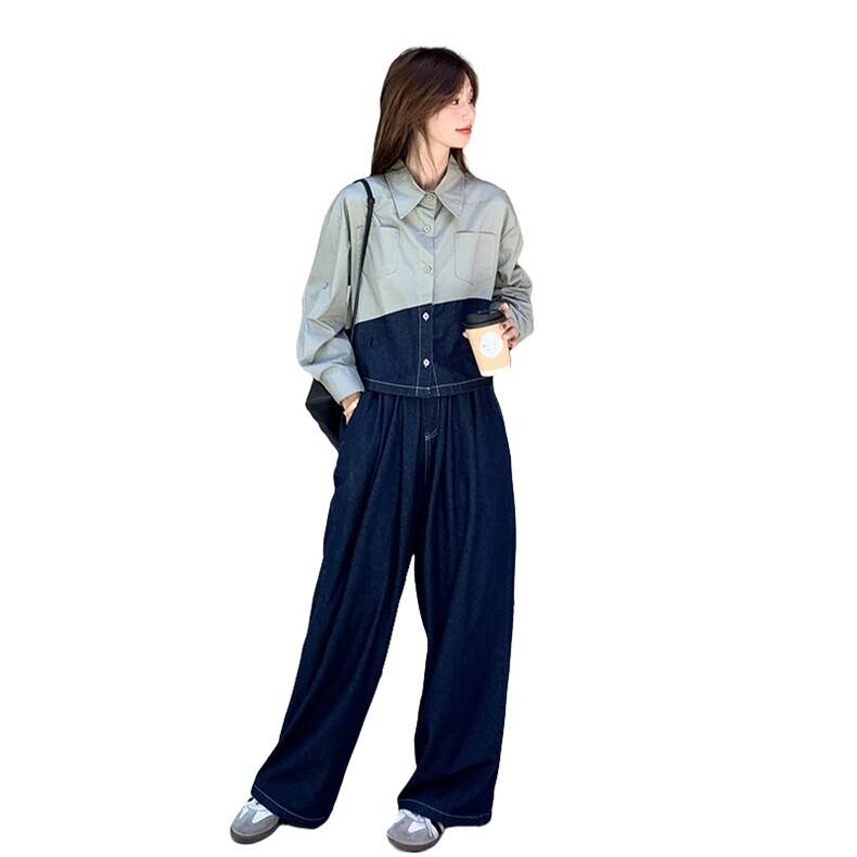 现货：秋装新款设计高级拼色衬衫牛仔裤两件套2C135-8886P155K228，女装套装/套裙，2C135