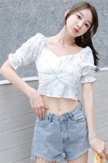 LaluneDuCiel纯棉法式复古木耳边碎花短袖女夏季修身一字肩上衣，女装蕾丝衫/雪纺衫，寒都衣屋