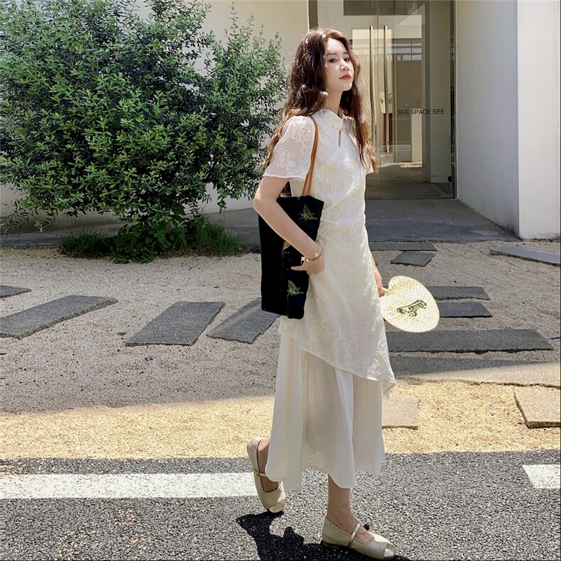 轻国风新中式禅意温柔假两件连衣裙女夏不规则设计感刺绣改良长裙图片