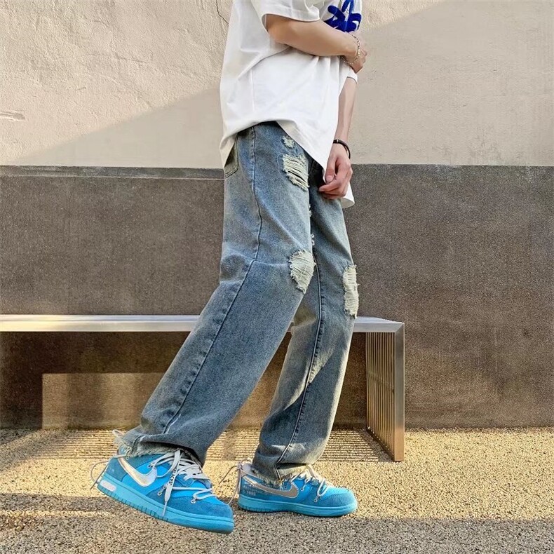 欧美hiphop裤子ins潮牌宽松直筒复古高街做旧破洞牛仔N7228P40,男装牛仔裤,星座1116-2