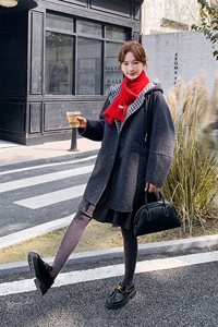 拼接格纹连帽双面呢羊毛大衣2025新款女冬超好看中长款毛呢厚外套图片