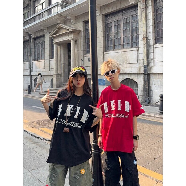 美式高街小香风贴布刺绣钉珠短袖T恤男女夏宽松重磅情侣半袖tee潮,男装T恤,四季星座505