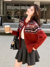复古毛衣外套春秋新款洋气费尔岛提花针织开衫女宽松，女装针织衫/毛衣，水衣源