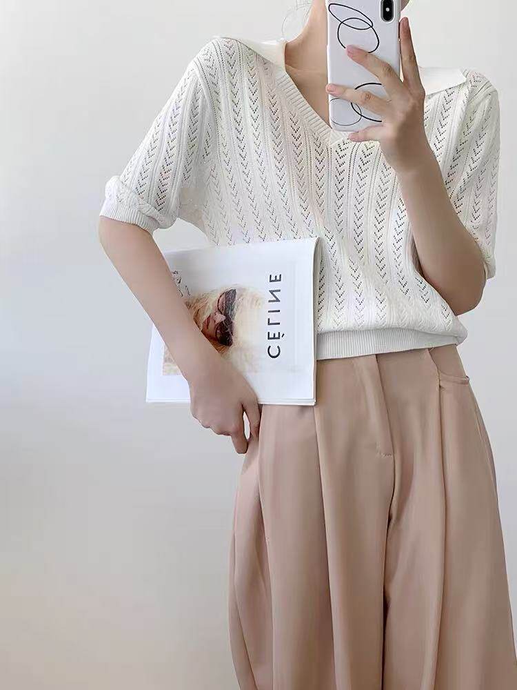 2025新款夏季薄款翻领针织短袖女宽松显瘦百搭休闲上衣，女装T恤，百纯羊绒