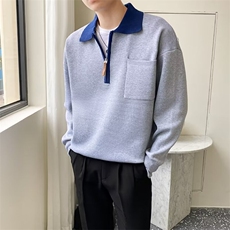 撞色针织polo衫男ins港风半开翻领套头毛衣长袖上衣外穿卫衣MB03，男装Polo衫，星座1116A-2（原606A-1）