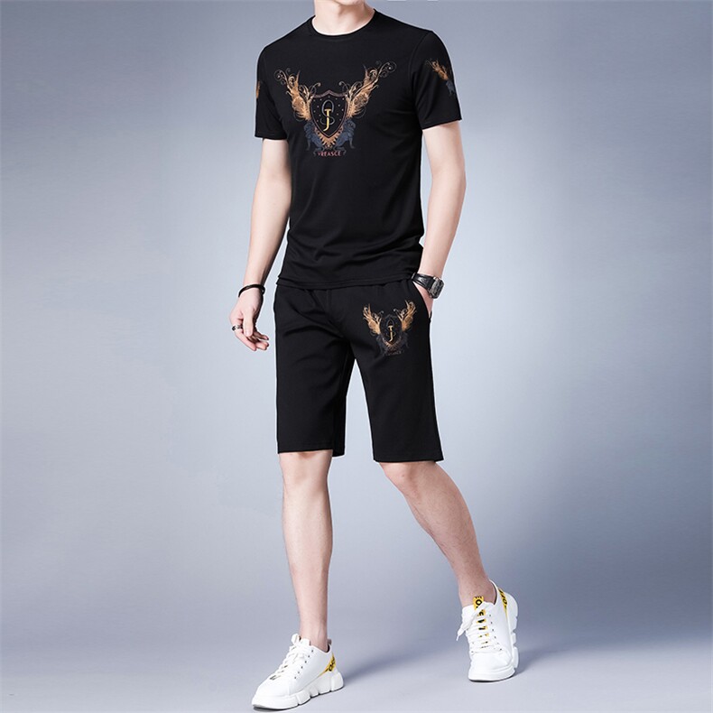 夏季运动套装男中老年短袖T恤两件套中年人速干冰丝休闲衣服男装,男装休闲套装,电商B212（原钱塘6029）