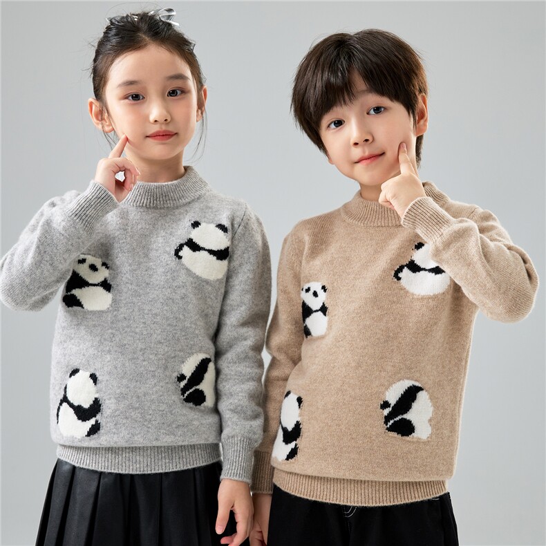优质精选儿童100%羊毛针织衫男女童熊猫提花套头毛衣羊绒打底衫，童装儿童羊毛衫，初丹羊绒童装
