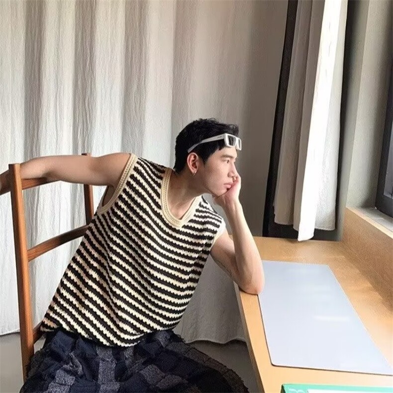无品牌慵懒ins百搭时尚新款高街黑白条纹镂空坎肩马甲男女潮流,男装背心/马甲,星座506A