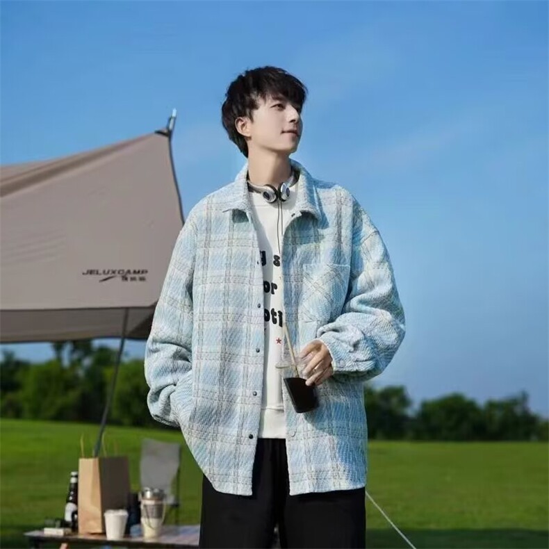 455-P49男生早秋穿搭小香风外套高级感格子翻领潮牌衬衫痞帅,男装衬衫,电商B323A