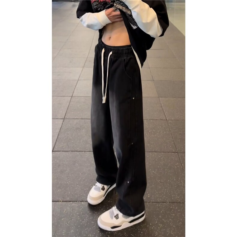 美式高街vibe裤子男秋季浅蓝色抽绳牛仔裤阔腿宽松弯刀直筒微喇裤,男装牛仔裤,星座601-1