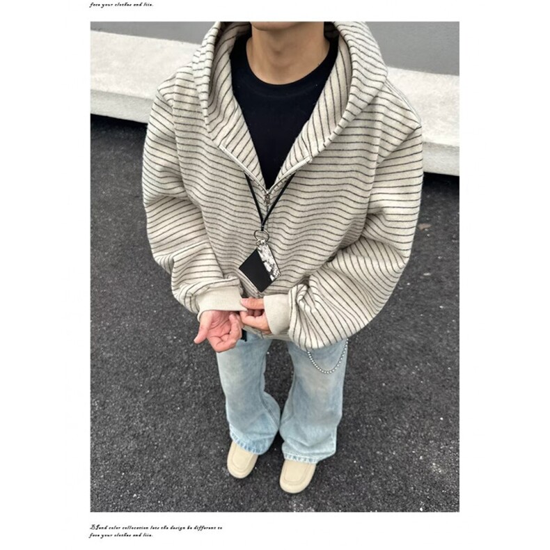 新款美式复古条纹开衫拉链长袖卫衣男女春秋连帽宽松慵懒风外套,女装短外套,星座601-1