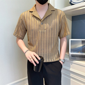 店主风社会小伙男士镂空V领短袖Polo衫翻领T恤男301A-1/PL98/P48
