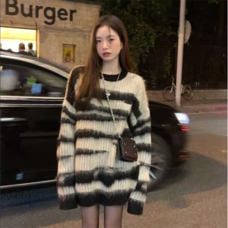 高级感马海毛条纹套头毛衣秋冬女2025新款慵懒风复古宽松上衣外套,男装针织衫/毛衣,星座1210-1
