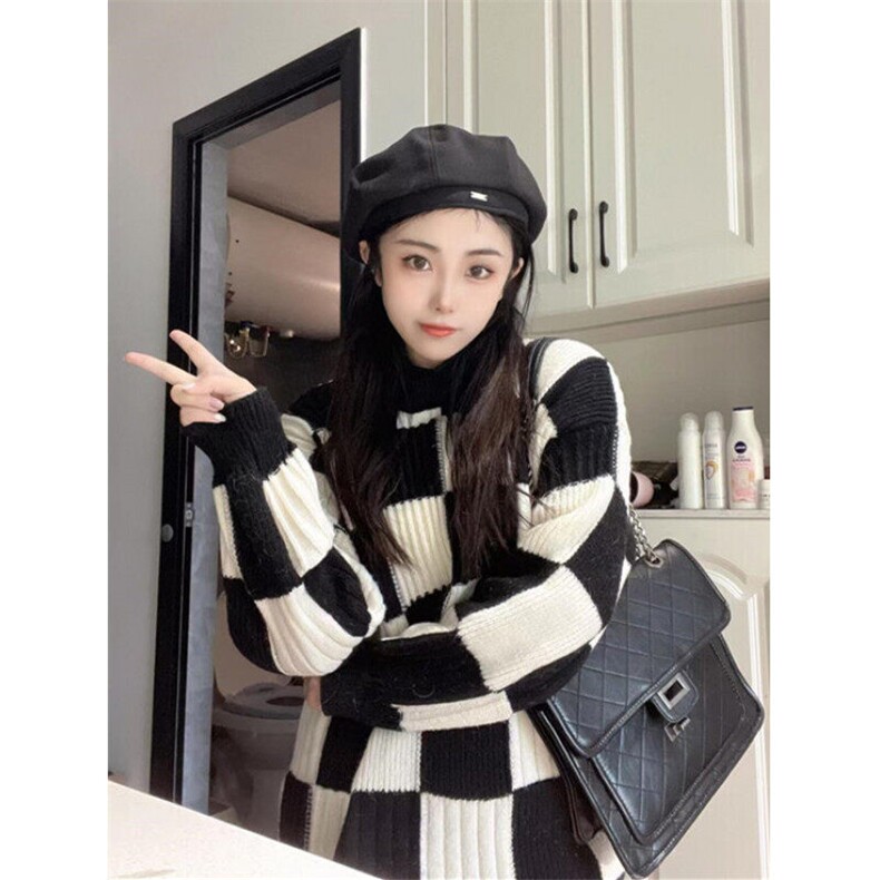 棋盘格毛衣女秋冬设计感小众上衣复古日系慵懒风针织衫M142，男装针织衫/毛衣，星座1116A（原606A-3）