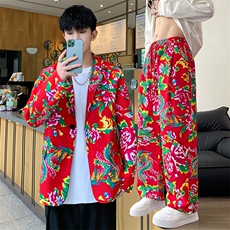 XF02男秋港风文艺休闲大码西服套装西装东北大花民族风特色新中式，男装西服，星座115A(原星座507）