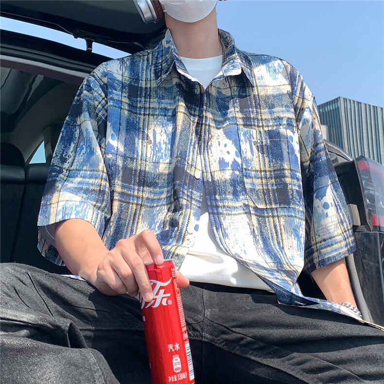 2025美式扎染印花冰丝凉感短袖五分袖格子衬衫 CS1866/特P25 蓝2图片