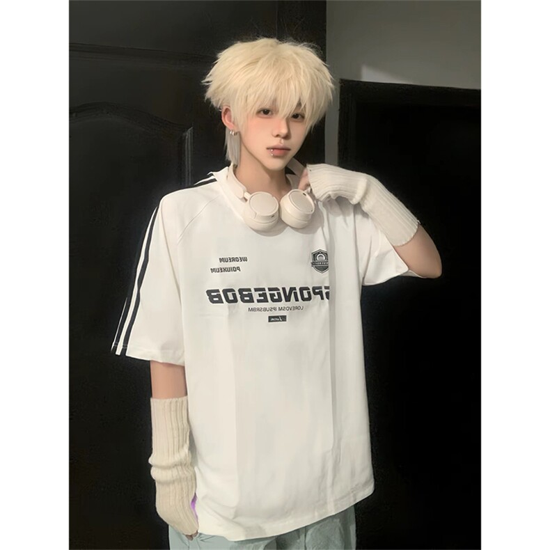 抖音得物供货240克宽松纯棉美式潮牌印花三杠全带短袖T恤AT1405图片