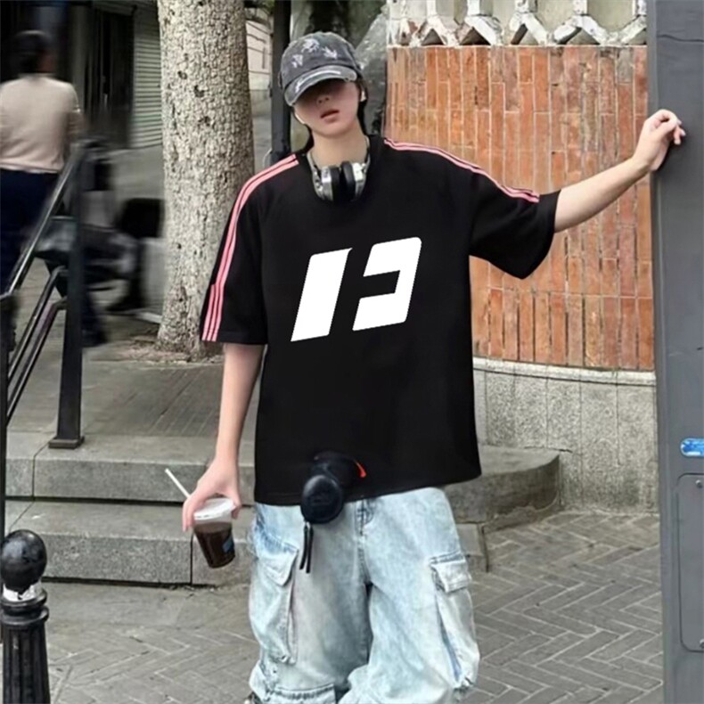 抖音得物品质二开240克宽松纯棉美式潮牌印花三条杠中性风短袖T恤，男装T恤，电商A486-1