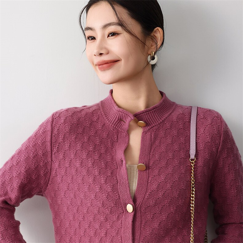 2024秋季新款圆领长袖单排扣菠萝针开衫通勤百搭,女装羊毛衫,琳尚羊绒