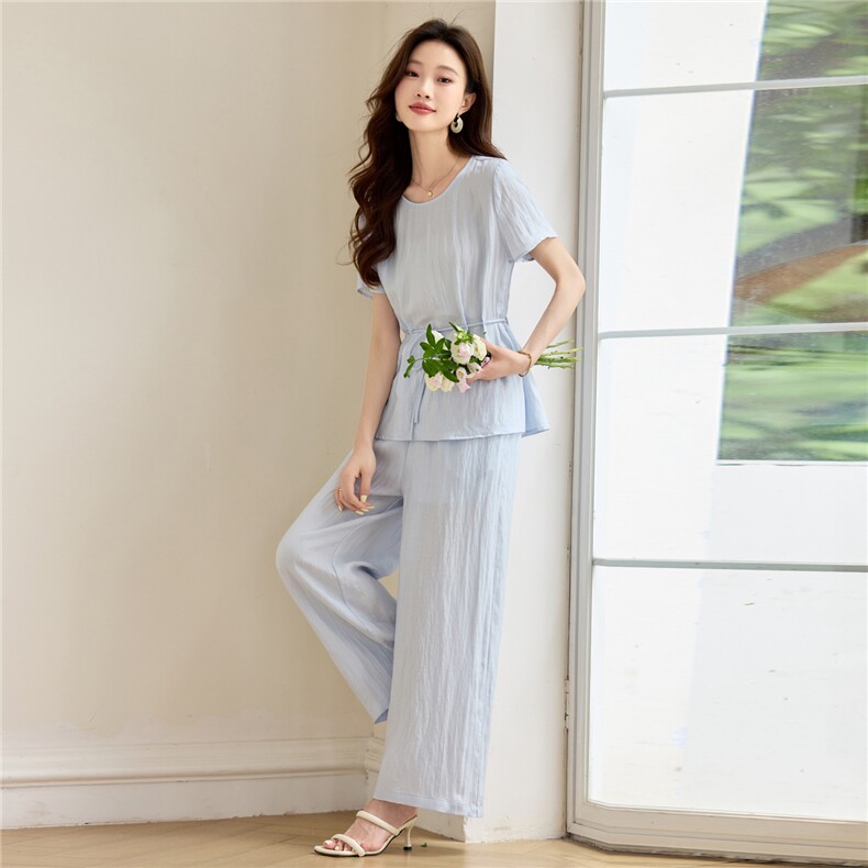天丝亚麻套装女2026夏季新款高级感时尚休闲洋气减龄阔腿裤两件套,女装套装/套裙,简韵佳