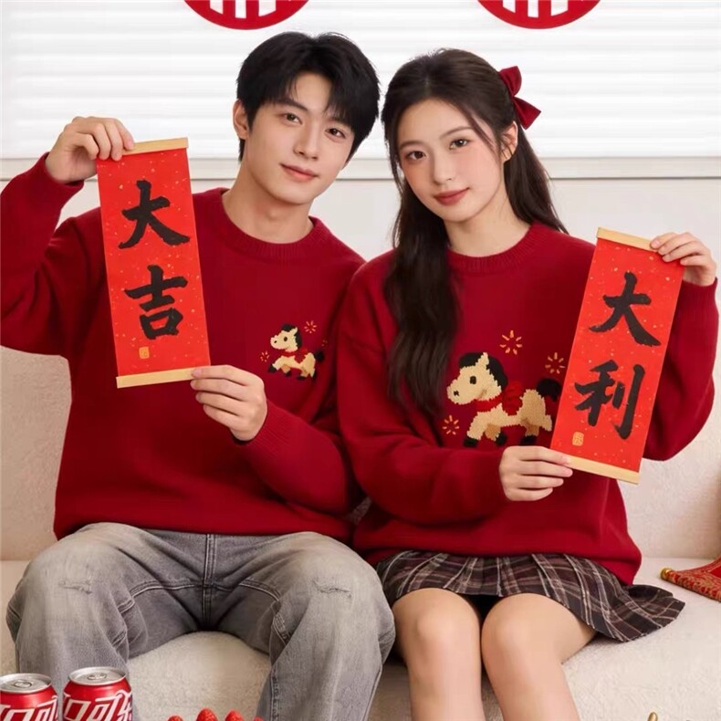 2026新年无帽圆领毛衣男士春秋情侣款红色新年休闲时尚保暖针织衫,男装针织衫/毛衣,星座715-4