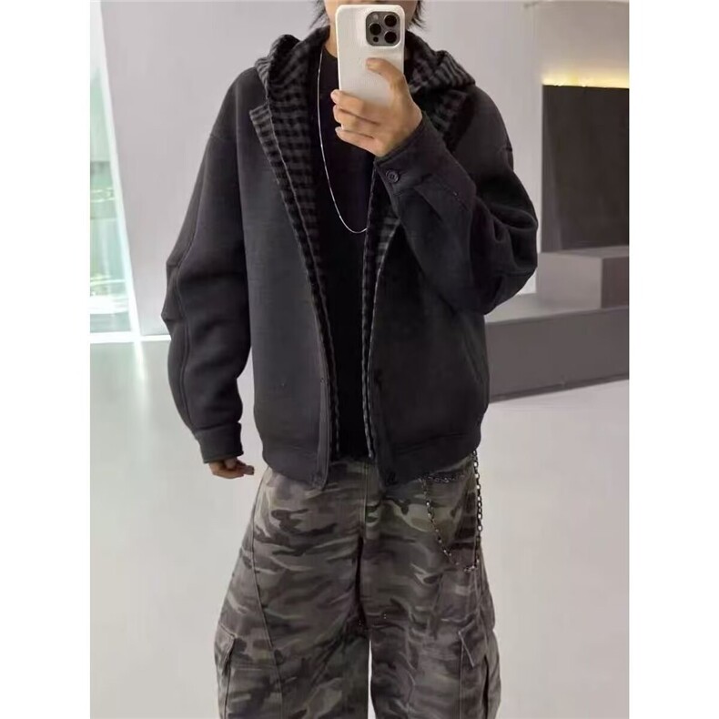 美式重磅加厚假两件卫衣外套男秋冬潮牌宽松连帽格纹拼接夹克开衫,男装夹克,星座506A