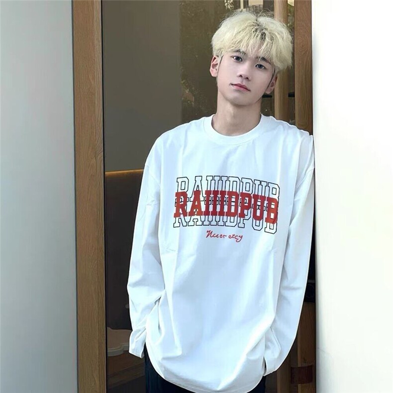 宽松型时尚春秋圆领青少年潮流美式设计感字母纯棉长袖T恤男慵懒,男装T恤,星座506A