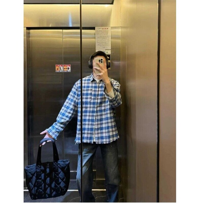 美式格纹长袖衬衫复古个性撞色破坏毛边工艺格子衬衣男女潮,男装衬衫,星座506A