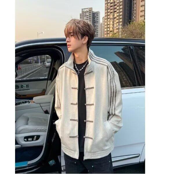 新中式盘口运动外套男春季三条杠设计感唐装风立领夹克开衫卫衣,男装夹克,星座506A