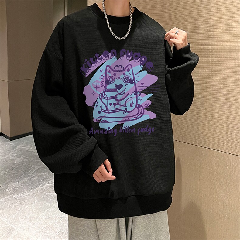 华夫格卫衣圆领卫衣男大码长袖t恤男外套HW76317-P30加绒款-P40,男装卫衣,电商A040