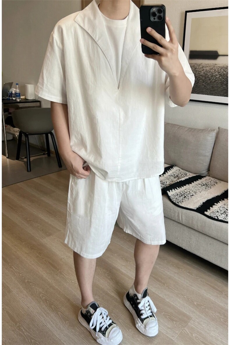 (网图慎用）特批P58无差价假两件复古宽松亚麻两件套装男TZ5355,男装休闲套装,电商A001