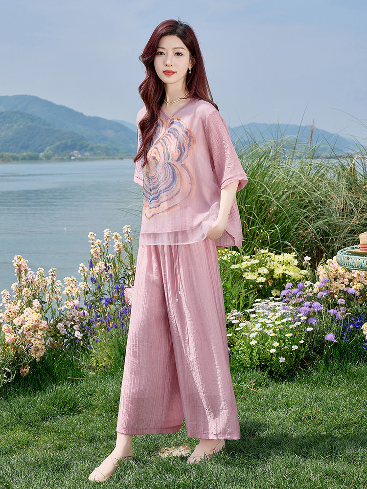 时尚印花棉麻阔腿裤套装女2025夏季新款气质松弛感穿搭麻料两件套,女装套装/套裙,魅影