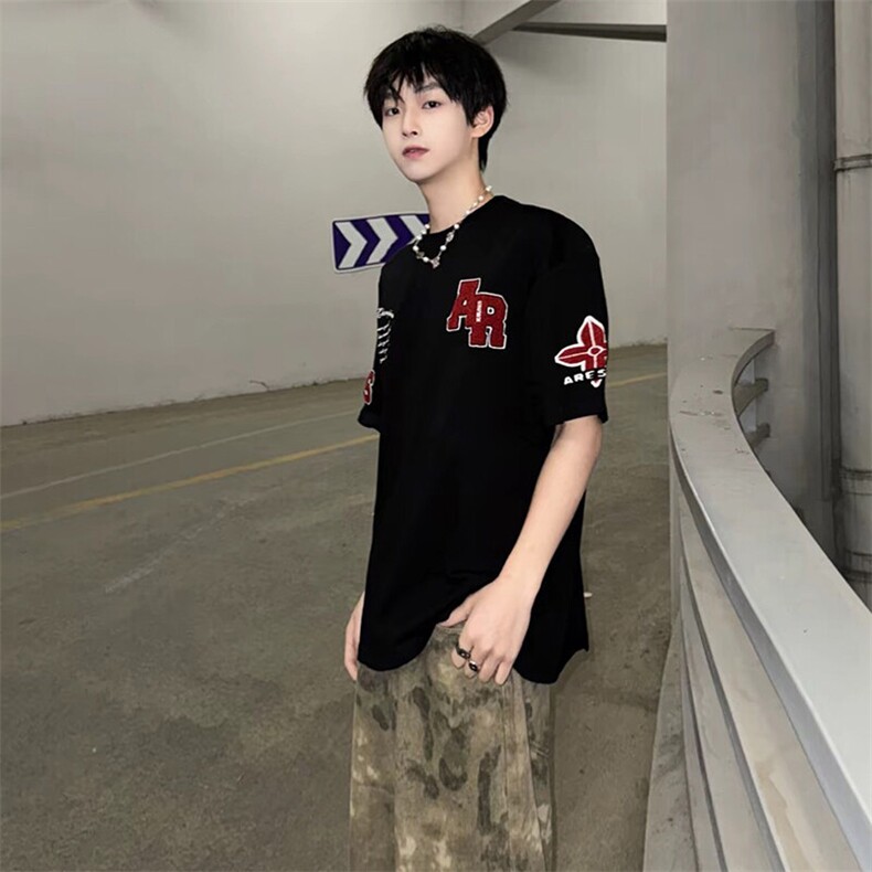 万针全刺绣工艺抖音得物高品质260克重磅纯棉双纱美式高街短袖T恤,男装T恤,电商A486