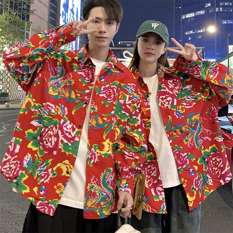 C203长袖情侣宽松东北大花港风衬衣外套民族特色牡丹花衬衣，男装民族服装，星座115A(原星座507）